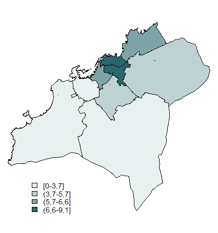 Porcentaxe de poboación estranxeira por distritos