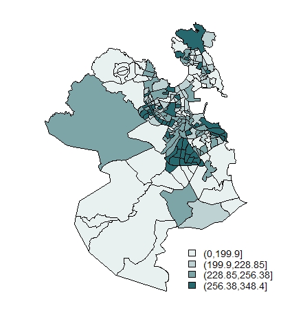 Número de pensionistas por mil habitantes por seccións