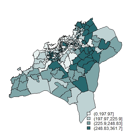 Número de pensionistas por mil habitantes por seccións